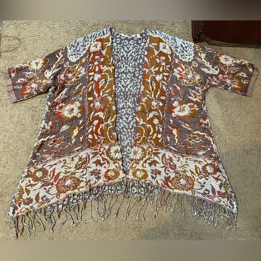 Soft Surroundings Women’s Pasha Pumpkin Wool Leopard Cardigan Fringe Size L/XL